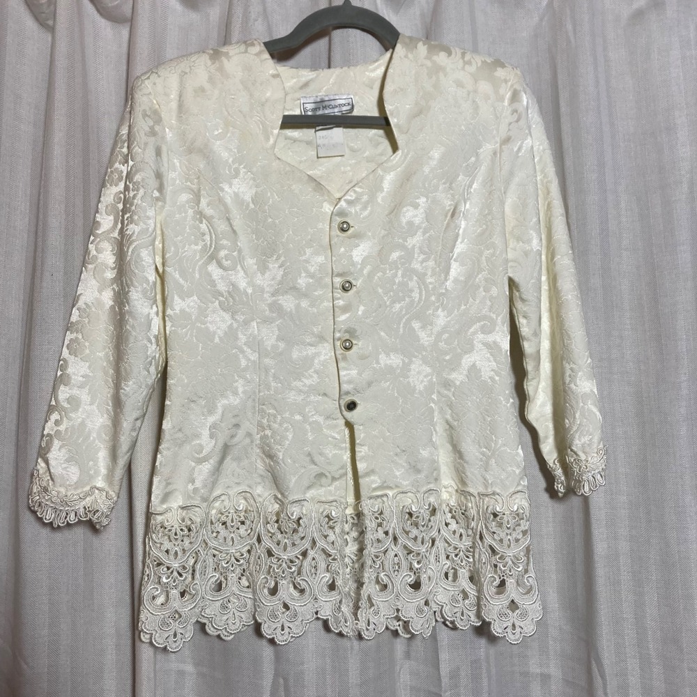 Scott McClintock Vintage Ivory Damask Lace Trim Jacket Faux Pearl Button 6 *Read